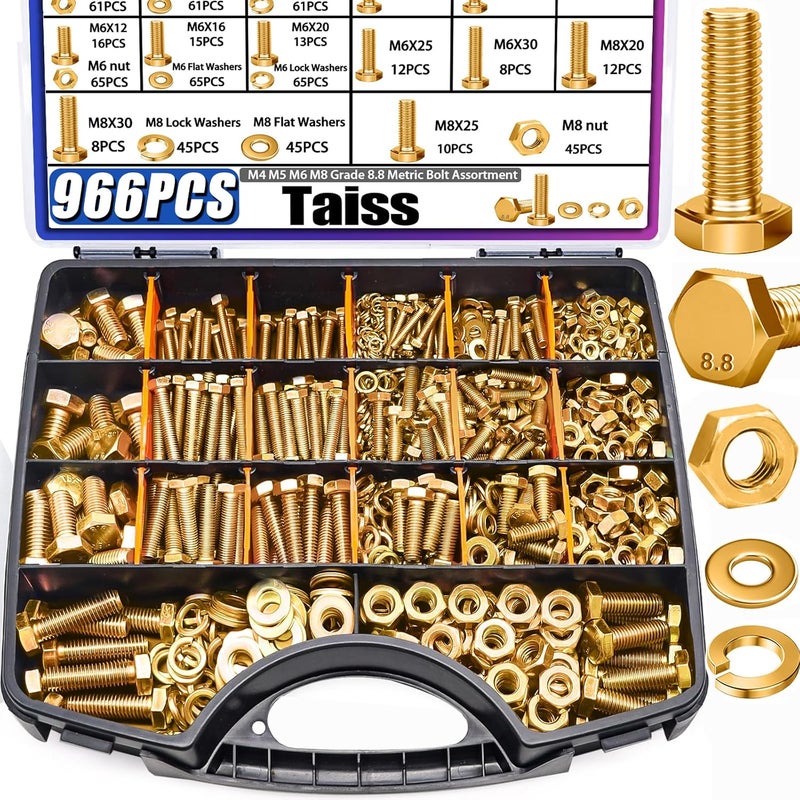 Taiss 966pcs Grade 8.8 Metric Bolt Assortment,Metric Bolts and Nuts Assortment,Bolt Kit M4 M5 M6 M8(12-30mm) Heavy Duty Hex Bolts and Nuts Kit Flat/Lock Washer Yellow Zinc Plated,with Handheld Box - Image 1